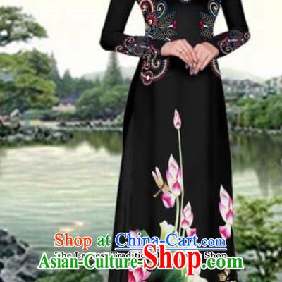Asian Traditional Vietnam Female Costume Vietnamese Printing Lotus Black Cheongsam Ao Dai Qipao Dress for Women