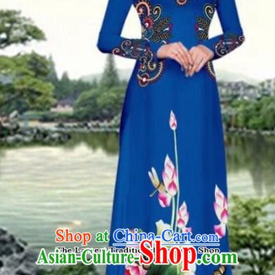 Asian Traditional Vietnam Female Costume Vietnamese Printing Lotus Navy Cheongsam Ao Dai Qipao Dress for Women