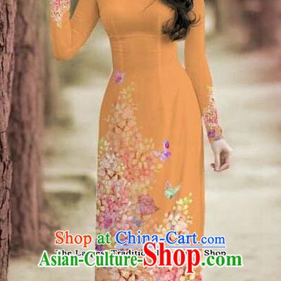 Asian Traditional Vietnam Female Costume Vietnamese Bride Cheongsam Orange Ao Dai Qipao Dress for Women
