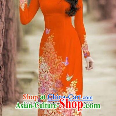 Asian Traditional Vietnam Female Costume Vietnamese Bride Cheongsam Rouge Ao Dai Qipao Dress for Women