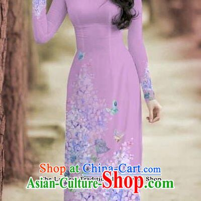 Asian Traditional Vietnam Female Costume Vietnamese Bride Cheongsam Lilac Ao Dai Qipao Dress for Women