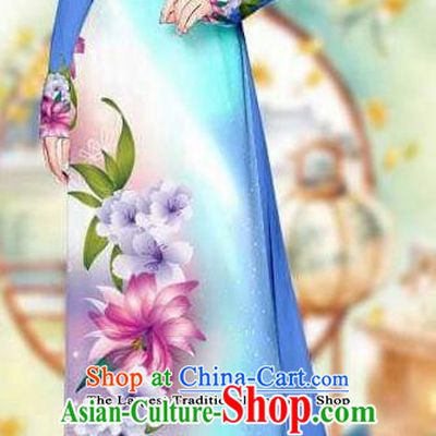 Asian Traditional Vietnam Female Costume Vietnamese Bride Blue Cheongsam Ao Dai Qipao Dress for Women