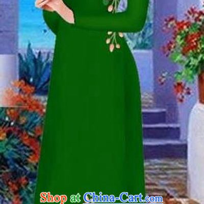 Asian Vietnam Traditional Female Costume Vietnamese Green Cheongsam Printing Ao Dai Qipao Dress for Women