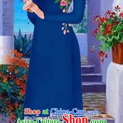 Asian Vietnam Traditional Female Costume Vietnamese Navy Cheongsam Printing Ao Dai Qipao Dress for Women