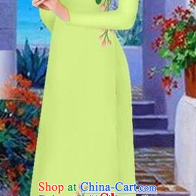 Asian Vietnam Traditional Female Costume Vietnamese Light Green Cheongsam Printing Ao Dai Qipao Dress for Women