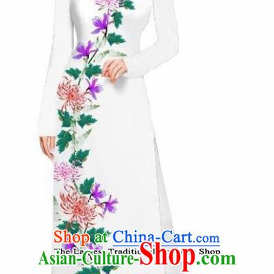Asian Vietnam Traditional Female Costume Vietnamese Printing Chrysanthemum White Ao Dai Qipao Dress for Women