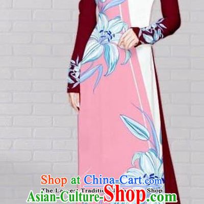 Asian Traditional Vietnam Costume Vietnamese Bride Wine Red Cheongsam Ao Dai Qipao Dress for Women