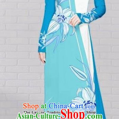 Asian Traditional Vietnam Costume Vietnamese Bride Cheongsam Light Blue Ao Dai Qipao Dress for Women