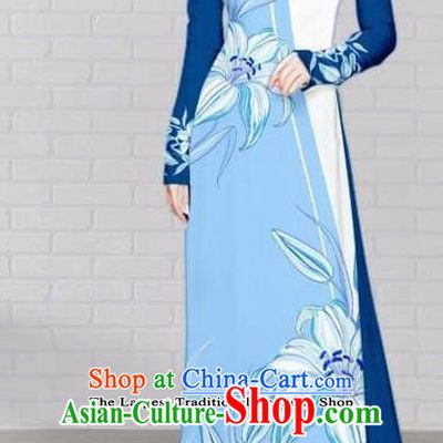 Asian Traditional Vietnam Costume Vietnamese Bride Cheongsam Blue Ao Dai Qipao Dress for Women