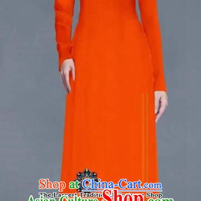 Asian Traditional Vietnam Ao Dai Costume Vietnamese Bride Orange Cheongsam for Women