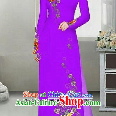 Asian Traditional Vietnam Female Ao Dai Costume Vietnamese Bride Printing Peony Purple Cheongsam for Women