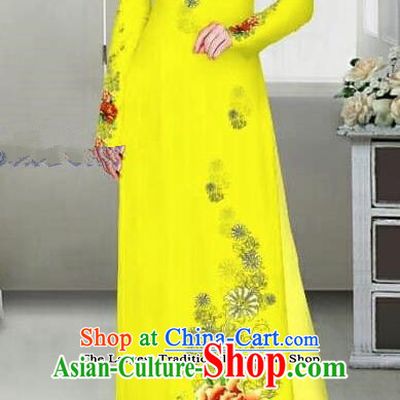 Asian Traditional Vietnam Female Ao Dai Costume Vietnamese Bride Printing Peony Bright Yellow Cheongsam for Women