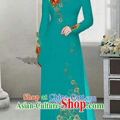 Asian Traditional Vietnam Female Ao Dai Costume Vietnamese Bride Printing Peony Green Cheongsam for Women
