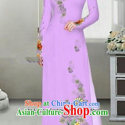 Asian Traditional Vietnam Female Ao Dai Costume Vietnamese Bride Printing Peony Lilac Cheongsam for Women