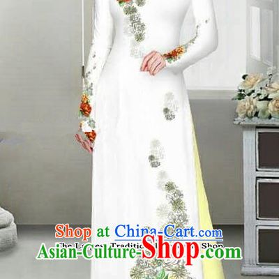 Asian Traditional Vietnam Female Ao Dai Costume Vietnamese Bride Printing Peony White Cheongsam for Women