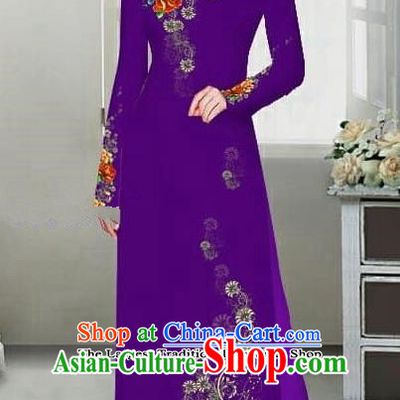 Asian Traditional Vietnam Female Ao Dai Costume Vietnamese Bride Printing Peony Deep Purple Cheongsam for Women