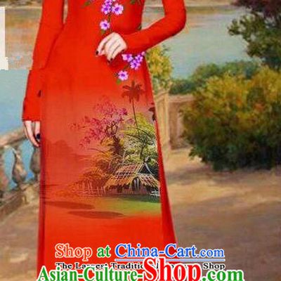 Asian Traditional Vietnam Bride Costume Vietnamese Printing Red Ao Dai Cheongsam for Women