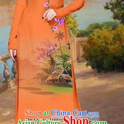 Asian Traditional Vietnam Bride Costume Vietnamese Printing Orange Ao Dai Cheongsam for Women