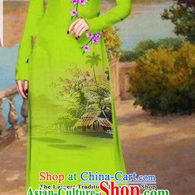 Asian Traditional Vietnam Bride Costume Vietnamese Printing Green Ao Dai Cheongsam for Women