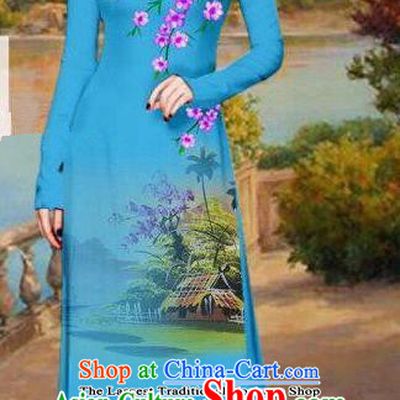 Asian Traditional Vietnam Bride Costume Vietnamese Printing Blue Ao Dai Cheongsam for Women