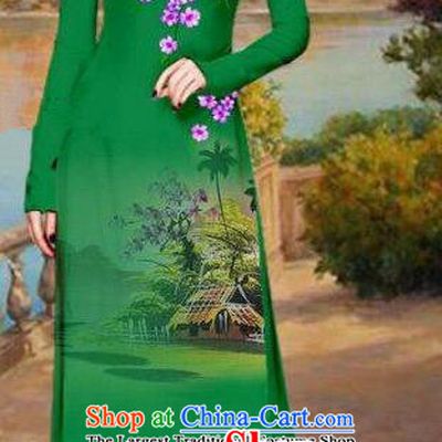 Asian Traditional Vietnam Bride Costume Vietnamese Printing Green Ao Dai Cheongsam for Women