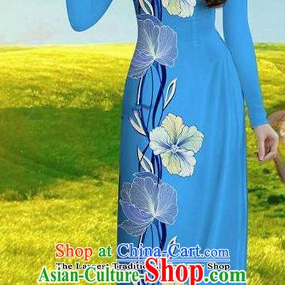 Vietnam Traditional Bride Costume Blue Qipao Dress Vietnamese Printing Morning Glory Ao Dai Cheongsam for Women