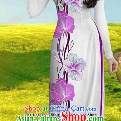 Vietnam Traditional Bride Costume Lilac Ao Dai Qipao Dress Vietnamese Printing Morning Glory Cheongsam for Women