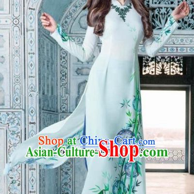 Asian Traditional Vietnam Female Costume Vietnamese Bride Printing Bamboo Ao Dai Cheongsam for Women