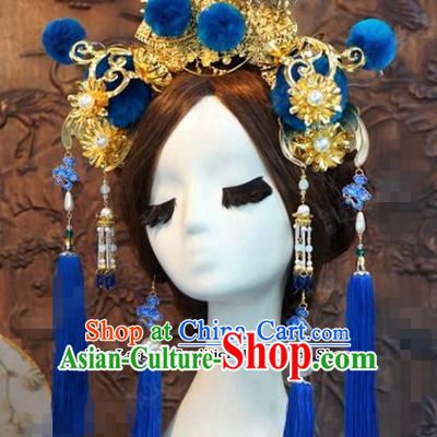 Chinese Ancient Wedding Queen Blue Phoenix Coronet Hair Jewelry Accessories Hairpins for Women