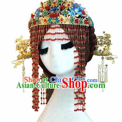 Chinese Ancient Wedding Queen Luxurious Blueing Lotus Phoenix Coronet Hair Jewelry Accessories Hairpins for Women