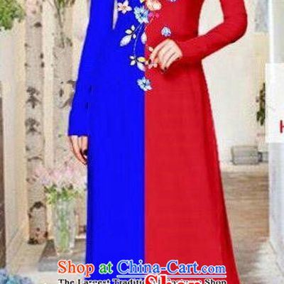 Vietnam Traditional Costume Red and Blue Ao Dai Qipao Dress Vietnamese Cheongsam for Women