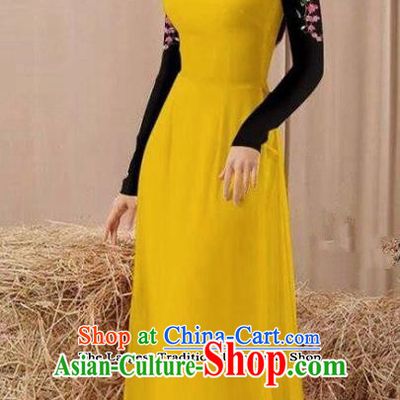 Vietnam Traditional Costume Yellow Ao Dai Qipao Dress Vietnamese Cheongsam for Women