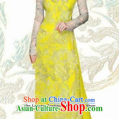 Vietnam Traditional Bride Costume Vietnamese Bright Yellow Ao Dai Qipao Dress Cheongsam for Women