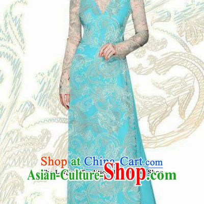 Vietnam Traditional Bride Costume Vietnamese Blue Ao Dai Qipao Dress Cheongsam for Women