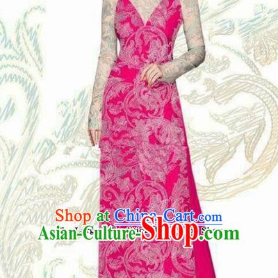 Vietnam Traditional Bride Costume Vietnamese Rosy Ao Dai Qipao Dress Cheongsam for Women