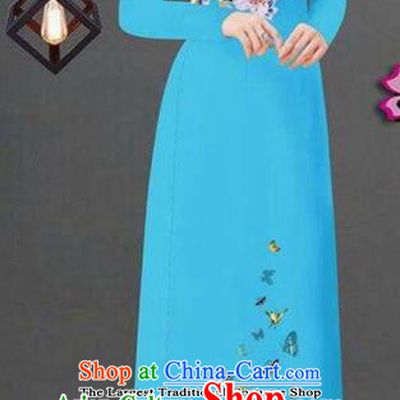 Vietnam Traditional Bride Costume Vietnamese Printing Flowers Blue Ao Dai Qipao Dress Cheongsam for Women
