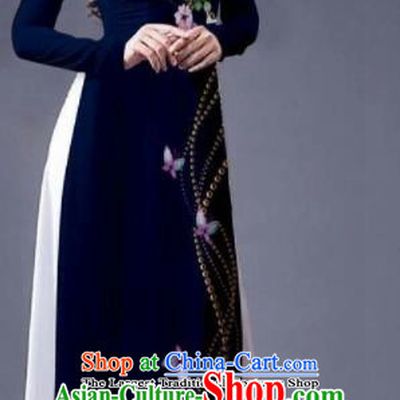 Vietnam Traditional Bride Costume Vietnamese Printing Navy Ao Dai Qipao Dress Cheongsam for Women
