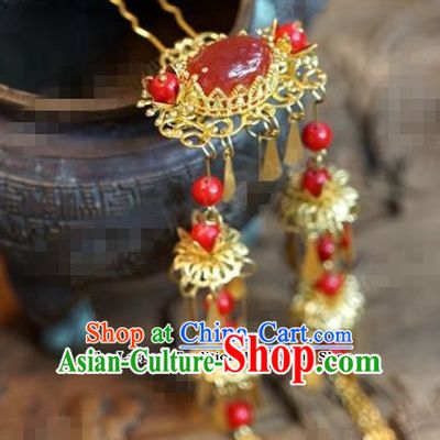 Chinese Ancient Wedding Hair Jewelry Accessories Palace Tassel Step Shake Agate Hairpins for Women