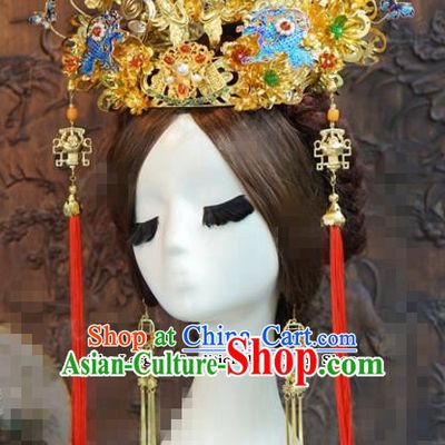 Chinese Ancient Wedding Hair Accessories Blueing Phoenix Coronet Palace Queen Hairpins for Women
