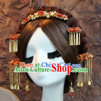 Chinese Ancient Bride Hair Accessories Wedding Tassel Step Shake Agate Hairpins Complete Set for Women