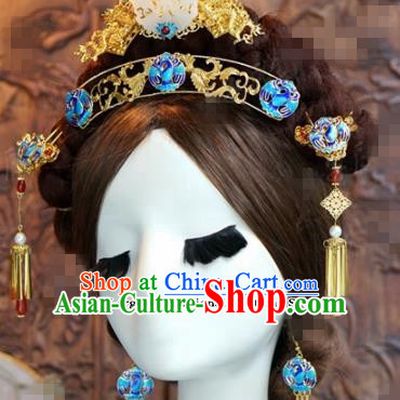 Chinese Ancient Bride Hair Accessories Wedding Blueing Hair Crown Hairpins Complete Set for Women