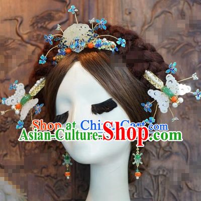 Chinese Ancient Hair Accessories Wedding Bride Jade Butterfly Hair Clips Hairpins Complete Set for Women