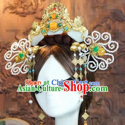 Chinese Ancient Hair Accessories Wedding Bride Hairpins Jade Phoenix Coronet for Women