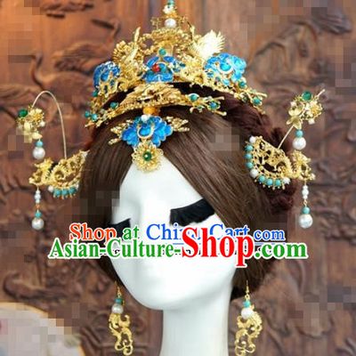 Chinese Ancient Queen Blueing Phoenix Coronet Wedding Bride Hairpins Headdress for Women