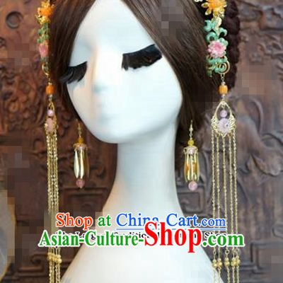 Chinese Ancient Queen Tassel Hair Clasp Wedding Bride Hairpins Headdress for Women
