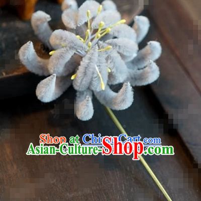 Chinese Ancient Queen Grey Velvet Chrysanthemum Hair Clip Wedding Bride Headdress Hairpins for Women