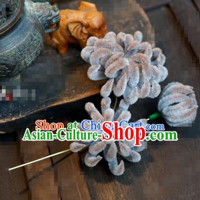 Chinese Ancient Qing Dynasty Empress Hair Clip Palace Grey Chrysanthemum Hairpins for Women