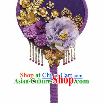 Chinese Traditional Purple Palace Fans Ancient Wedding Round Fans Jewelry Accessories for Women