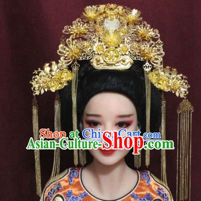 Chinese Ancient Tang Dynasty Headdress Palace Queen Golden Phoenix Coronet Hairpins Complete Set for Women