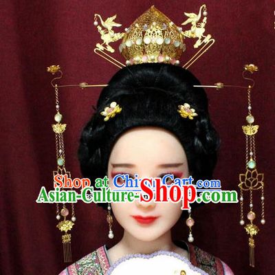 Chinese Ancient Tang Dynasty Wedding Hair Accessories Queen Lotus Phoenix Coronet Hairpins Complete Set for Women